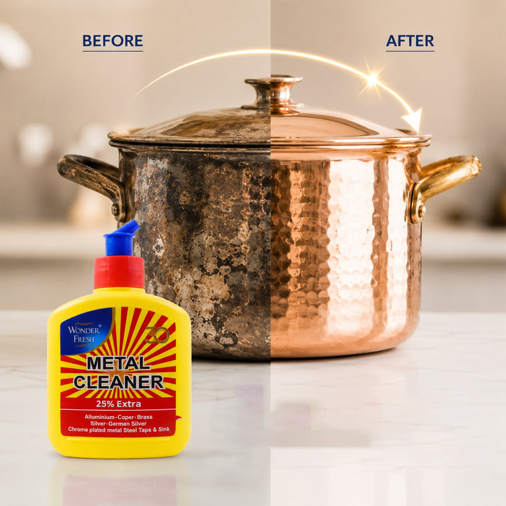 A user applying Wonder Fresh Metal Cleaner to a chrome bike part for a brilliant polish.