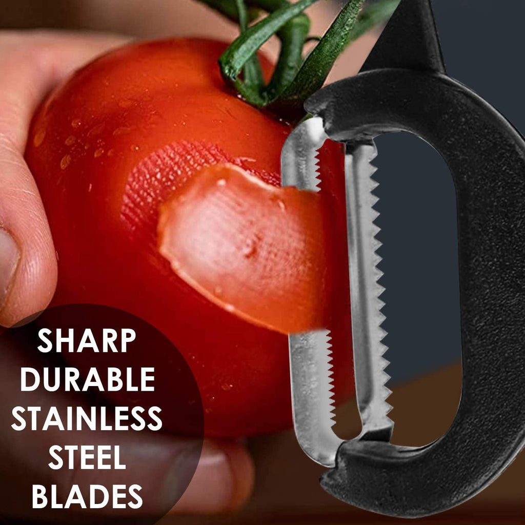Detailed view of the precise julienne blade on the vegetable peeler.