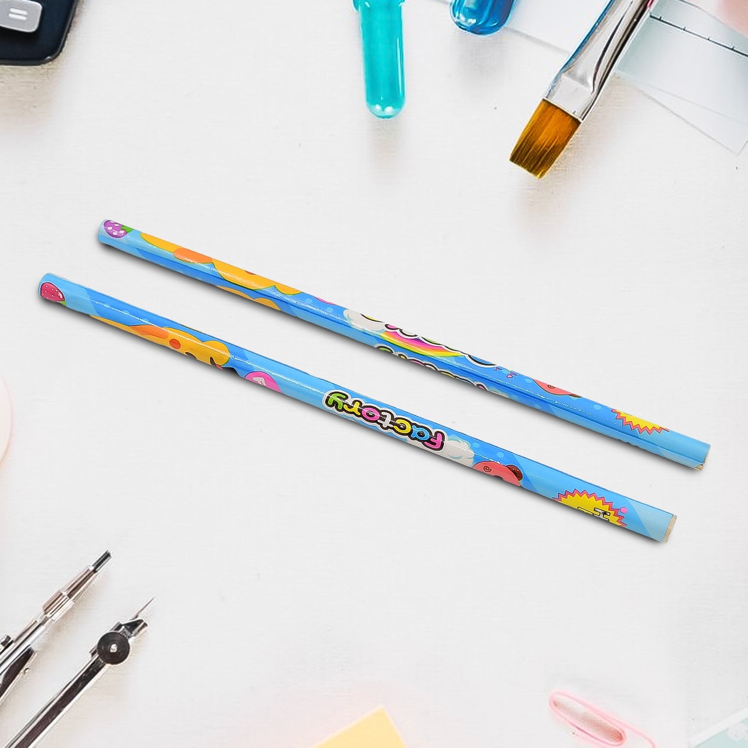 Complete Kids Cartoon Pencil Set with eraser and sharpener included.