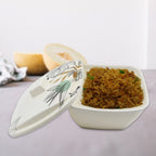 Stylish plastic dinnerware pieces stacked neatly for compact storage.