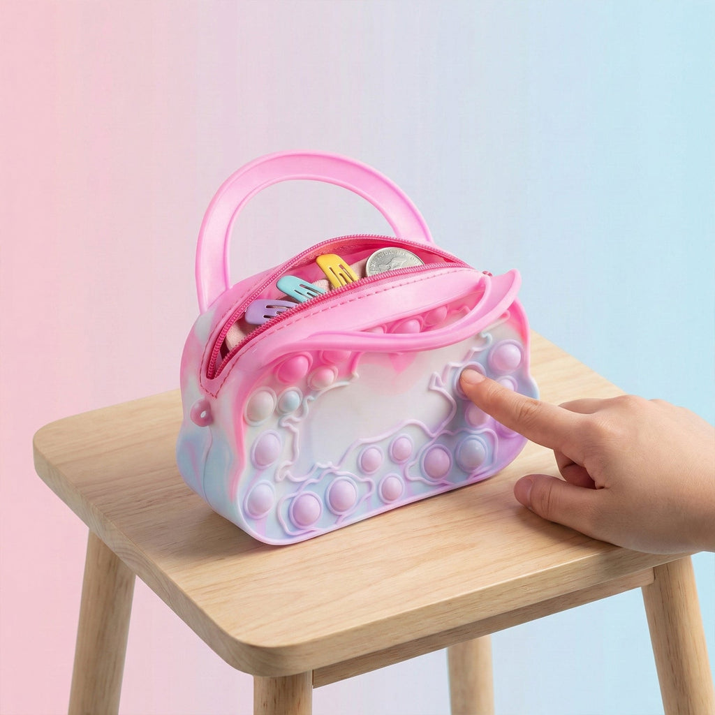 Silicone pop it coin purse with zipper and handle in handbag style