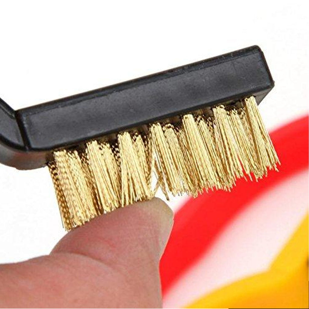 Three individual mini wire brushes, highlighting their distinct brass, nylon, and stainless steel bristle types.