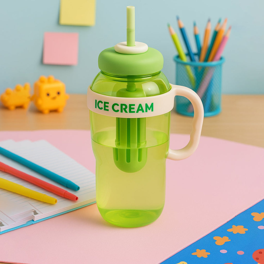 Leakproof ice cream water bottle featuring ergonomic side handle and flip-top straw