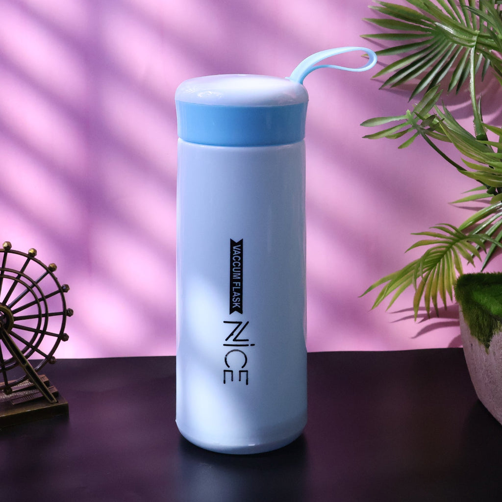 Plastic bottle with blue lid and convenient carry strap