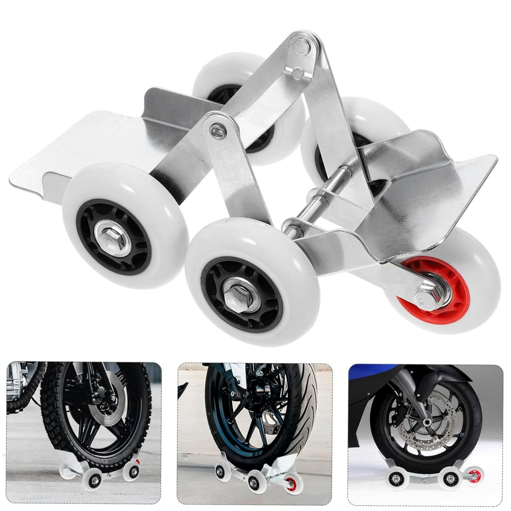 Motorcycle front wheel parking roller stand showing slip-resistant surface support
