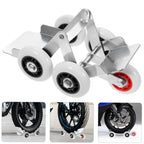 Motorcycle front wheel parking roller stand showing slip-resistant surface support