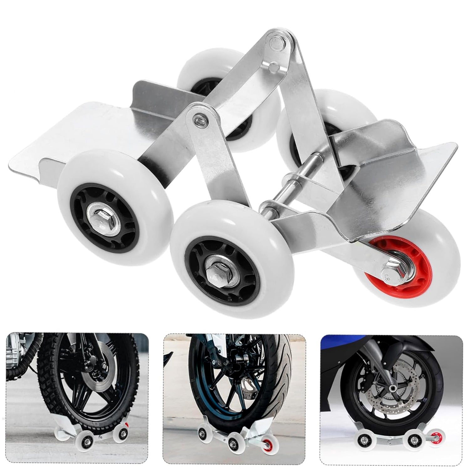 Motorcycle front wheel parking roller stand showing slip-resistant surface support