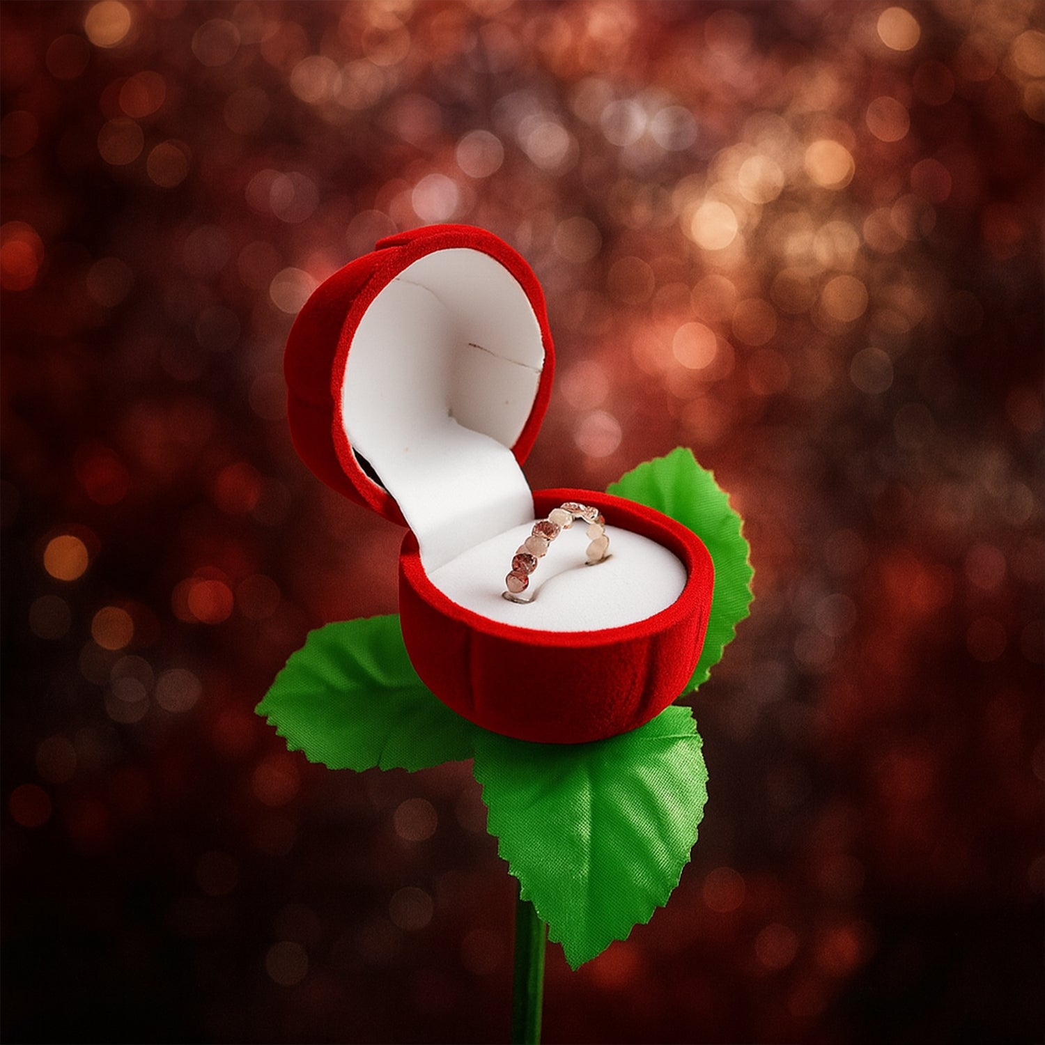 Velvet covered artificial rose jewelry box for rings and earrings