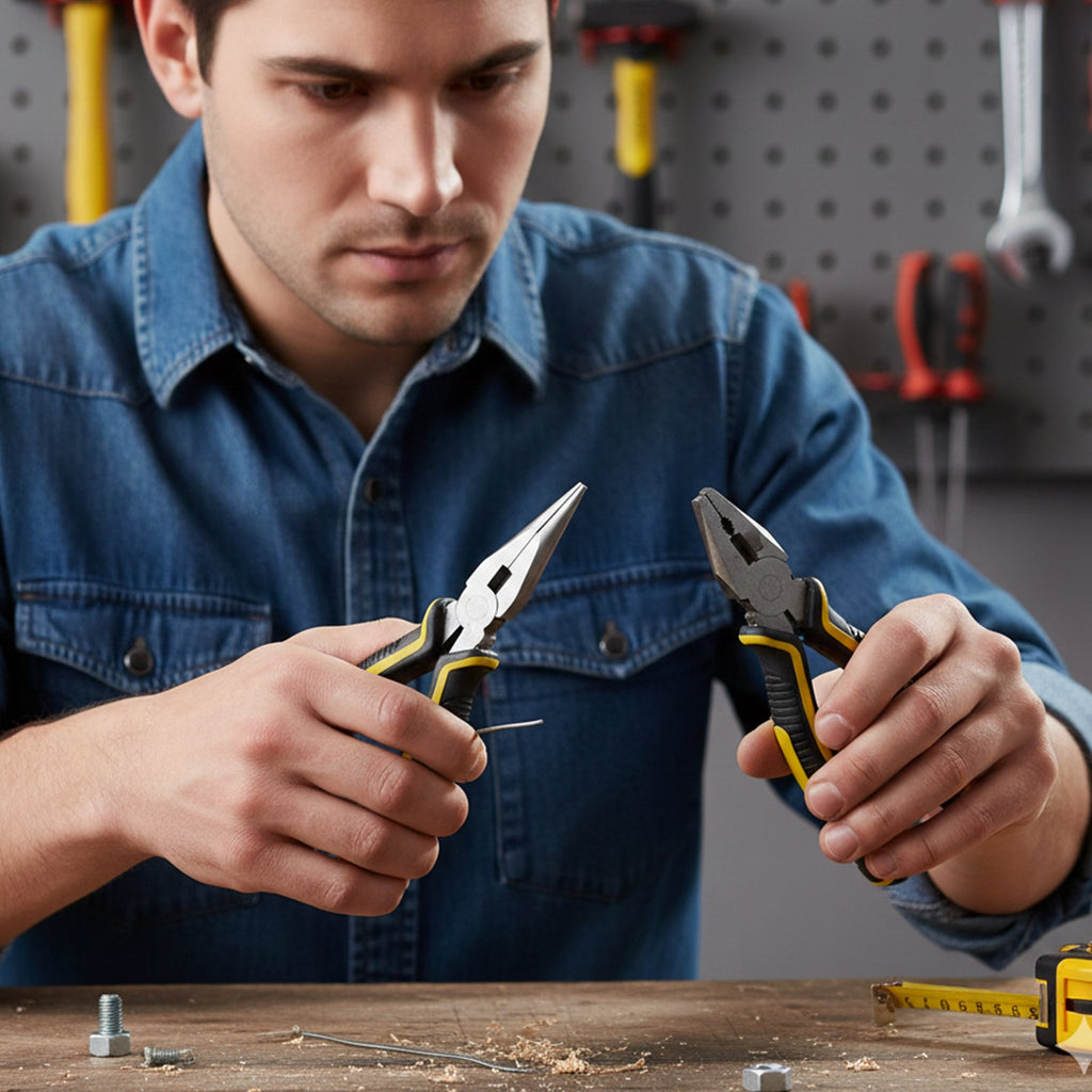 Combination pliers and long nose pliers displayed together, highlighting their robust design.