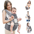 Mother carrying baby comfortably on her back using the ergonomic baby carrier.