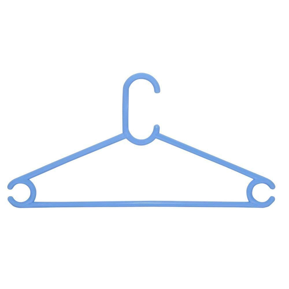 Multiple plastic clothes hangers neatly arranged, highlighting their slim profile.