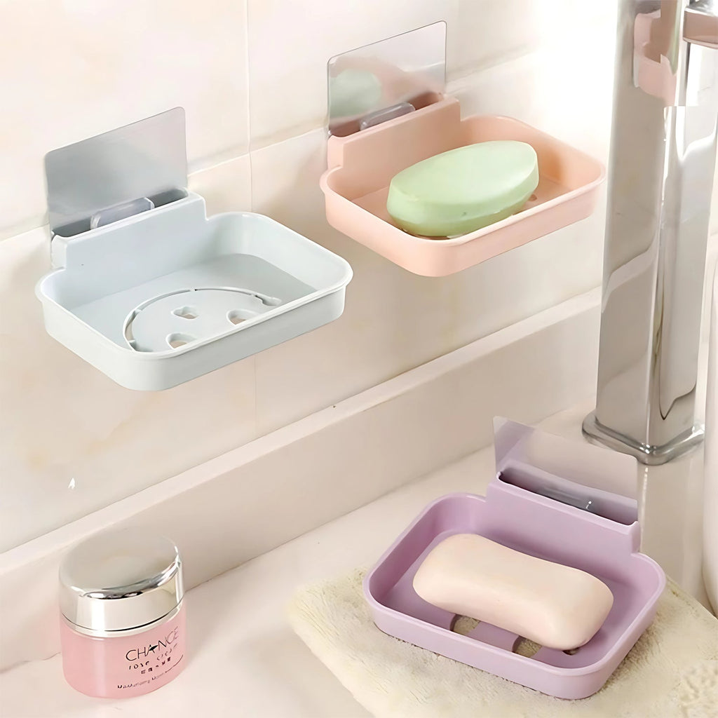 Durable plastic adhesive soap dish holder with removable tray