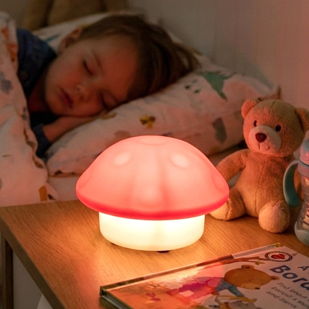 Cute mushroom bedside lamp emitting gentle LED light