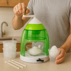 Manual ice crusher for home use with included mixing bowls and spoons