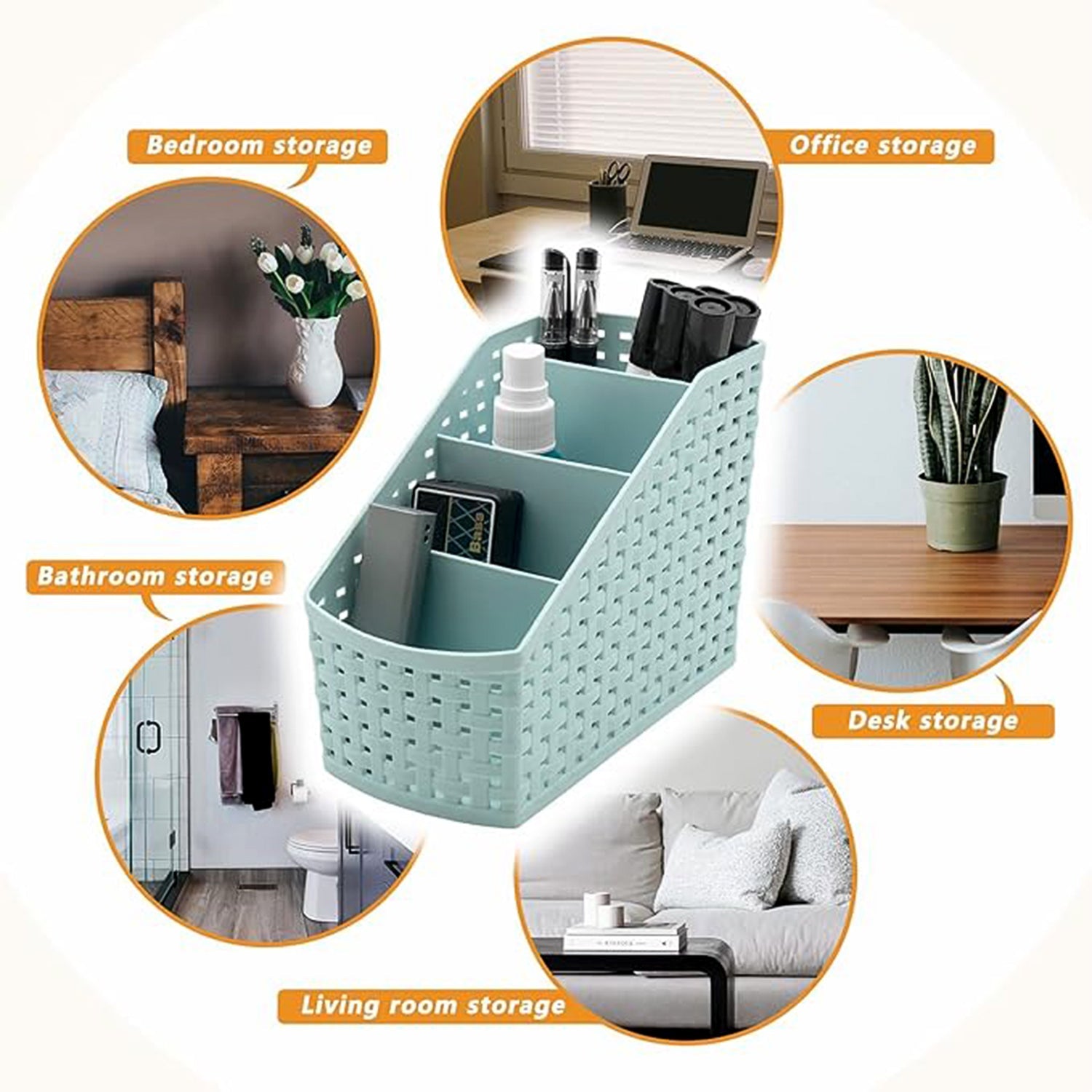 Multi-Purpose Storage Basket Organizer on desk holding office supplies
