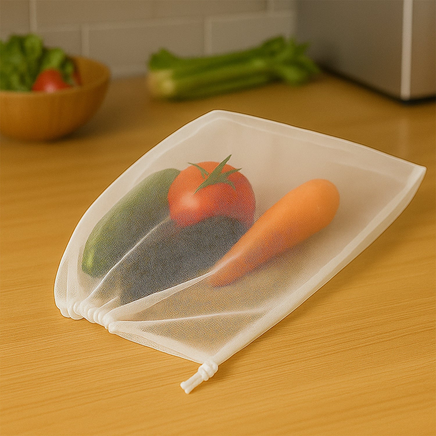 Durable reusable grocery mesh bag with secure drawstring closure