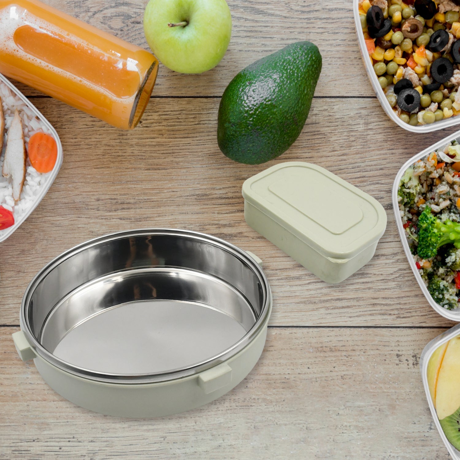 A healthy meal packed inside the eco-friendly Stainless Steel Lunch Box, keeping food fresh.