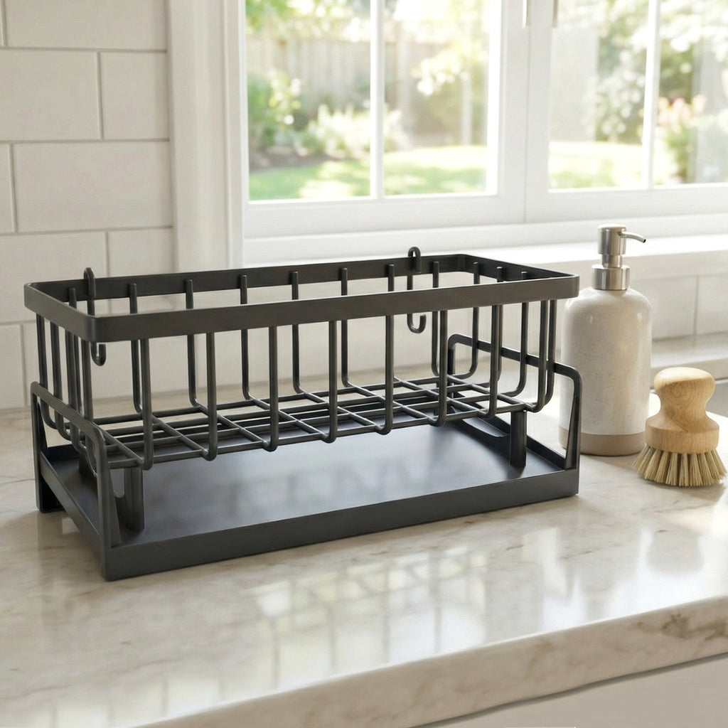 Bathroom countertop with plastic storage rack to hold essential toiletries