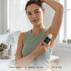 Close-up of AOE blue roll-on deodorant bottle highlighting design