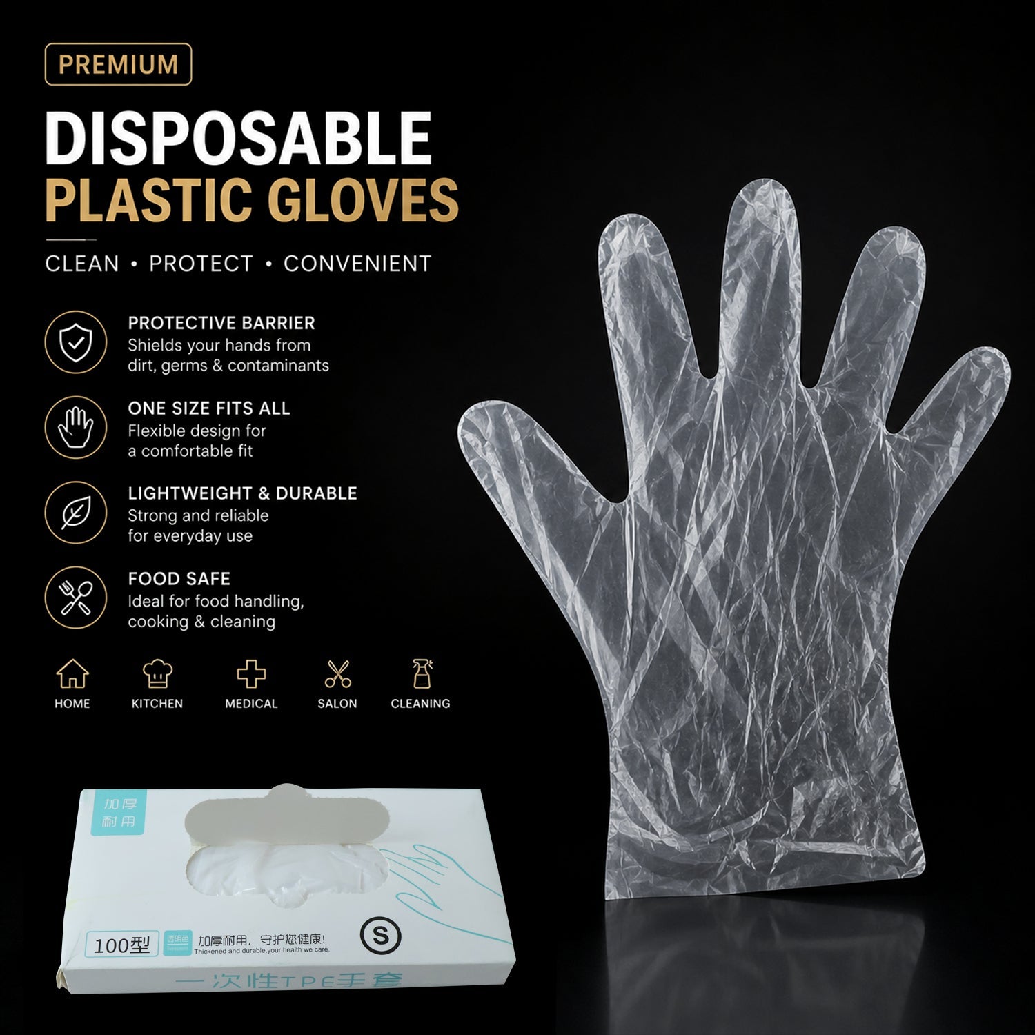 Transparent disposable gloves demonstrating ease of handling
