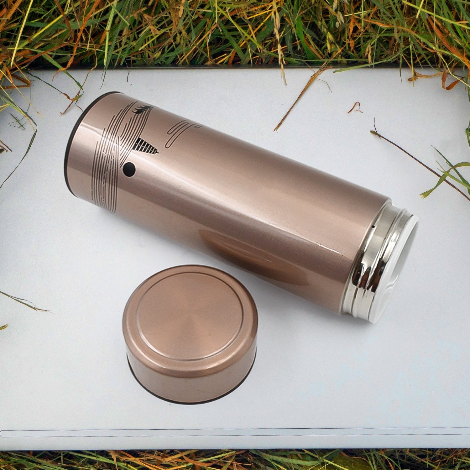 Close-up of the 350ml stainless steel water bottle, highlighting its durable construction.