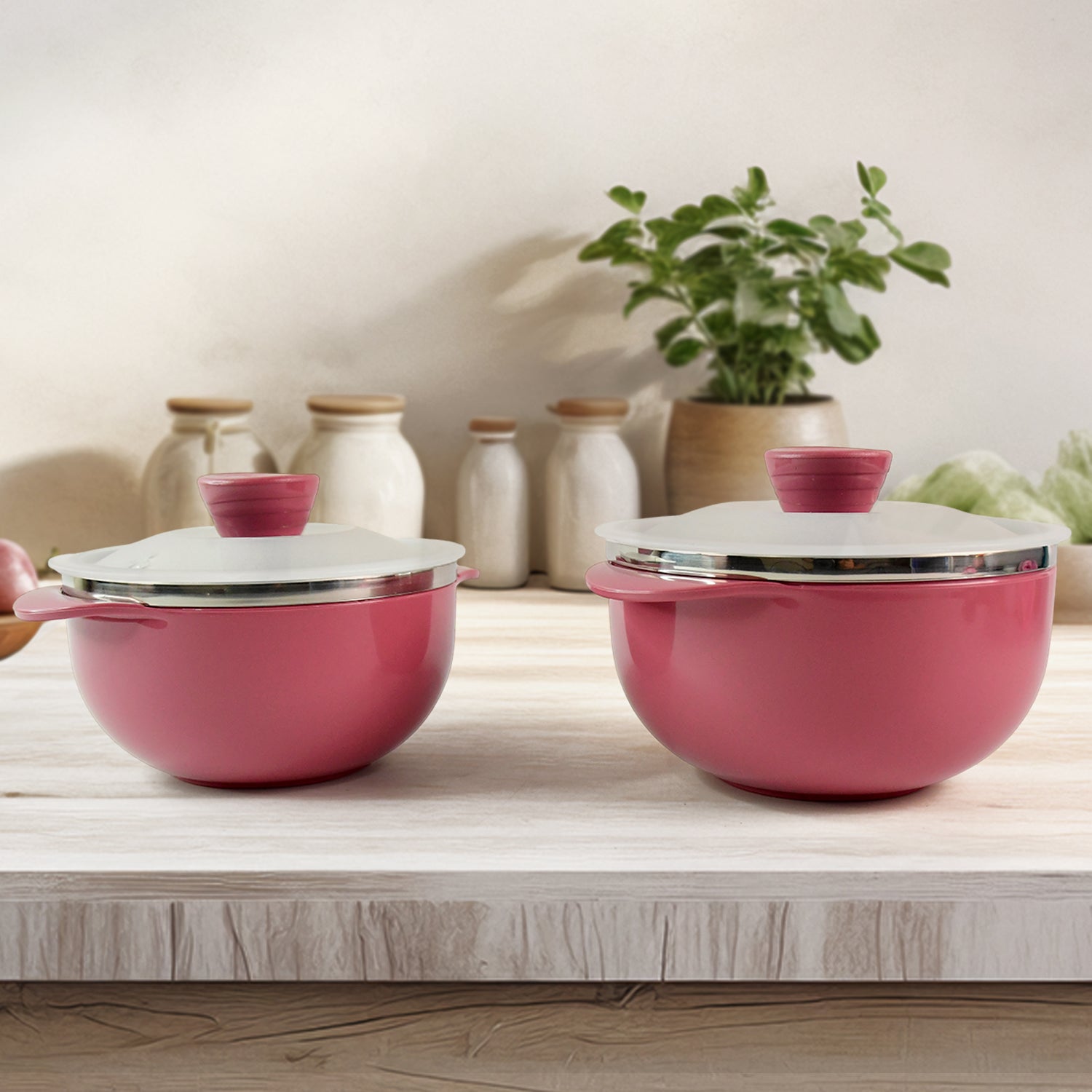 Plastic serving bowl set with lids displaying modern kitchenware design