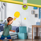 A lifestyle shot of the hanging table tennis trainer in use, providing indoor entertainment.