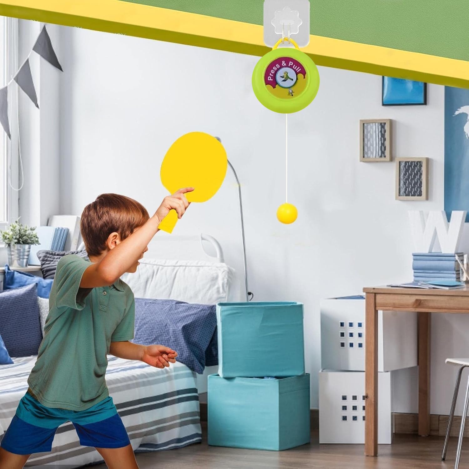 A lifestyle shot of the hanging table tennis trainer in use, providing indoor entertainment.