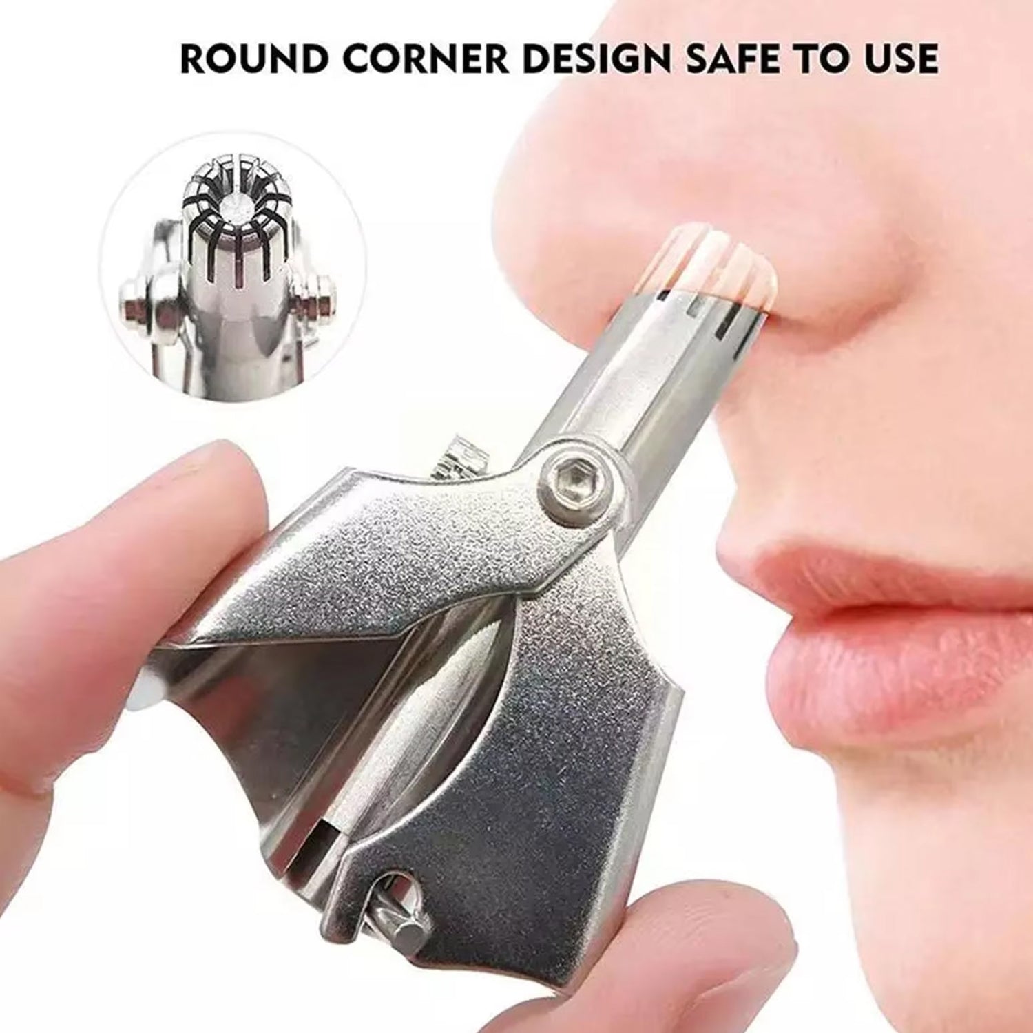 Ergonomic design of the stainless steel manual nose hair clipper for comfortable grip.