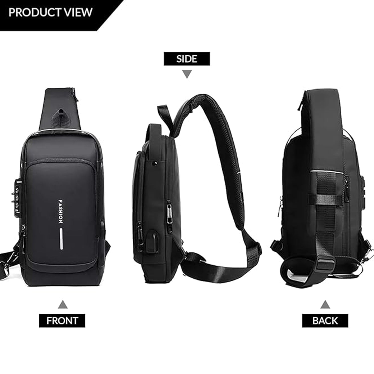Comparison image highlighting key anti-theft sling bag features and USB charging port