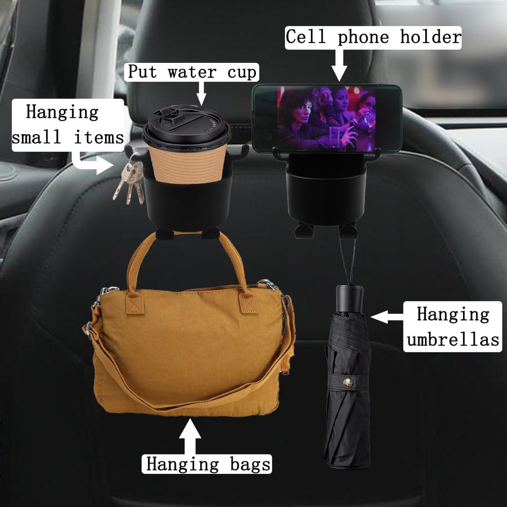 Side view of car organizer with phone holder feature attached to backseat headrest
