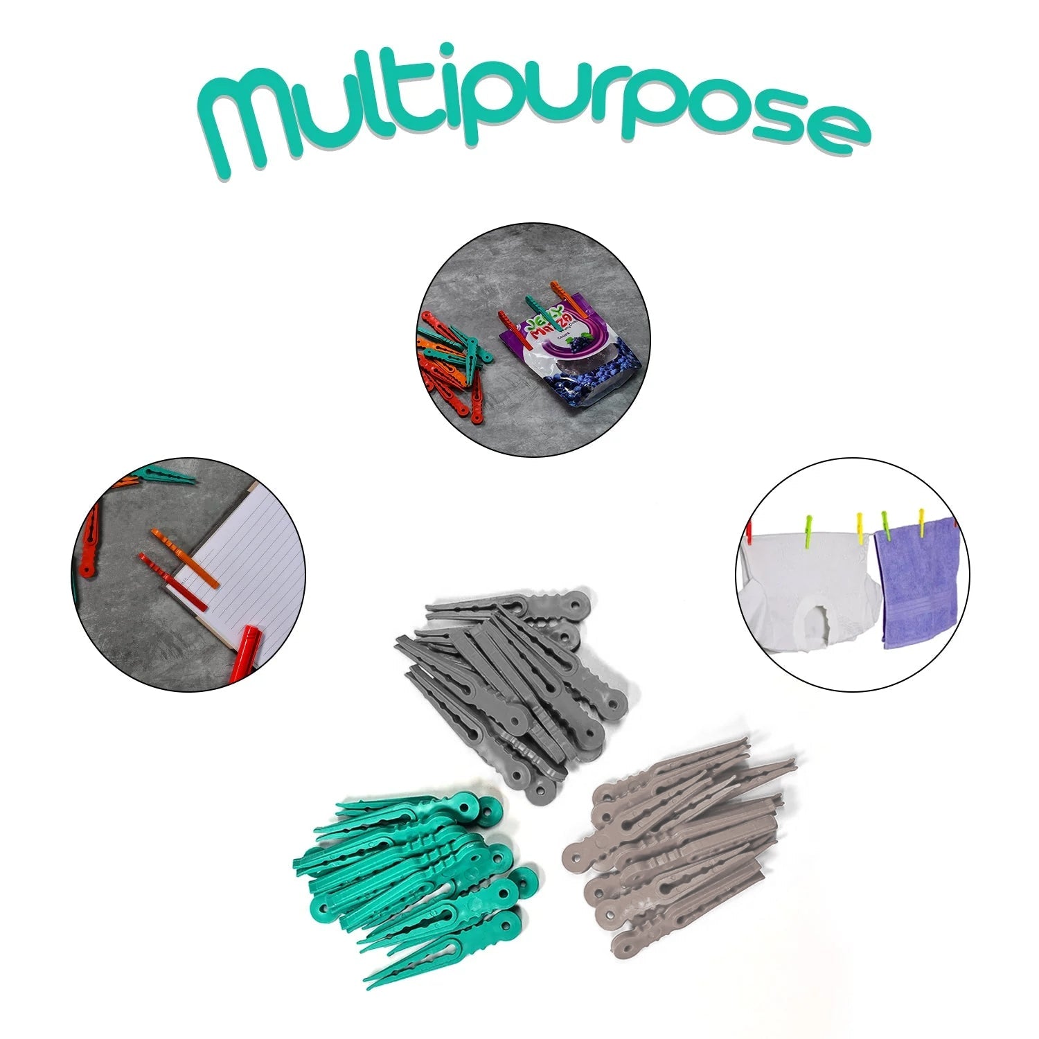 Plastic cloth pegs in use, securing a garment on a clothesline for windproof drying.