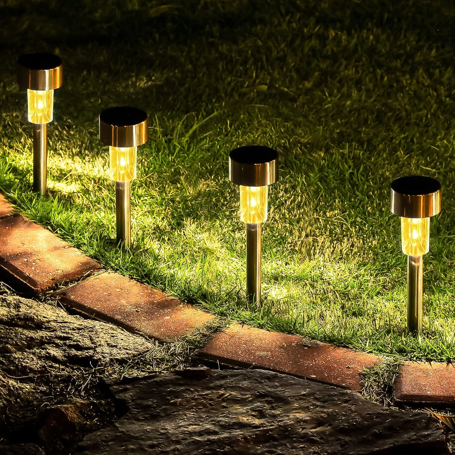 Outdoor solar-powered LED garden light showcasing stainless steel design