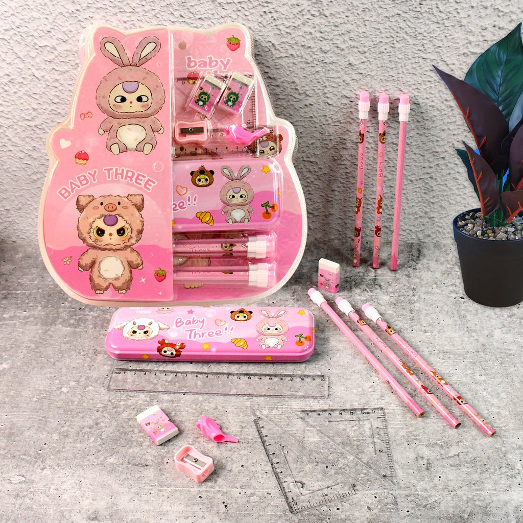 Complete 14-piece cartoon stationery set for kids with metal pencil box and colorful supplies