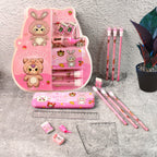 Complete 14-piece cartoon stationery set for kids with metal pencil box and colorful supplies