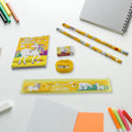 Complete 6-piece school stationery set with ruler, pencils, and sharpener for students.
