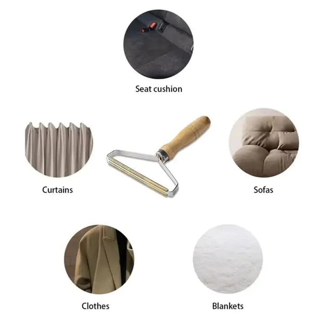 Detailed view of the ergonomic and smooth wooden handle of the portable lint remover.