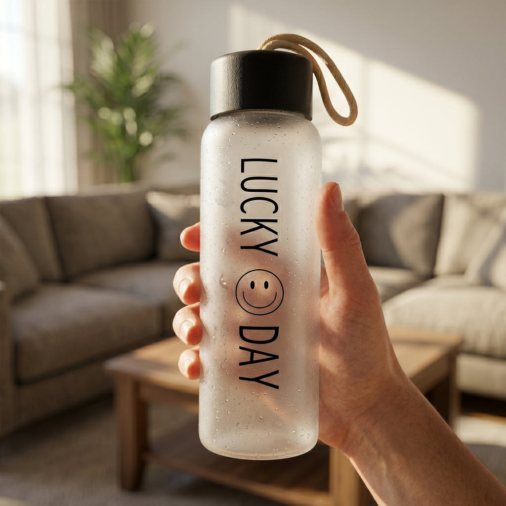350ml capacity frosted glass drinking bottle with carry strap