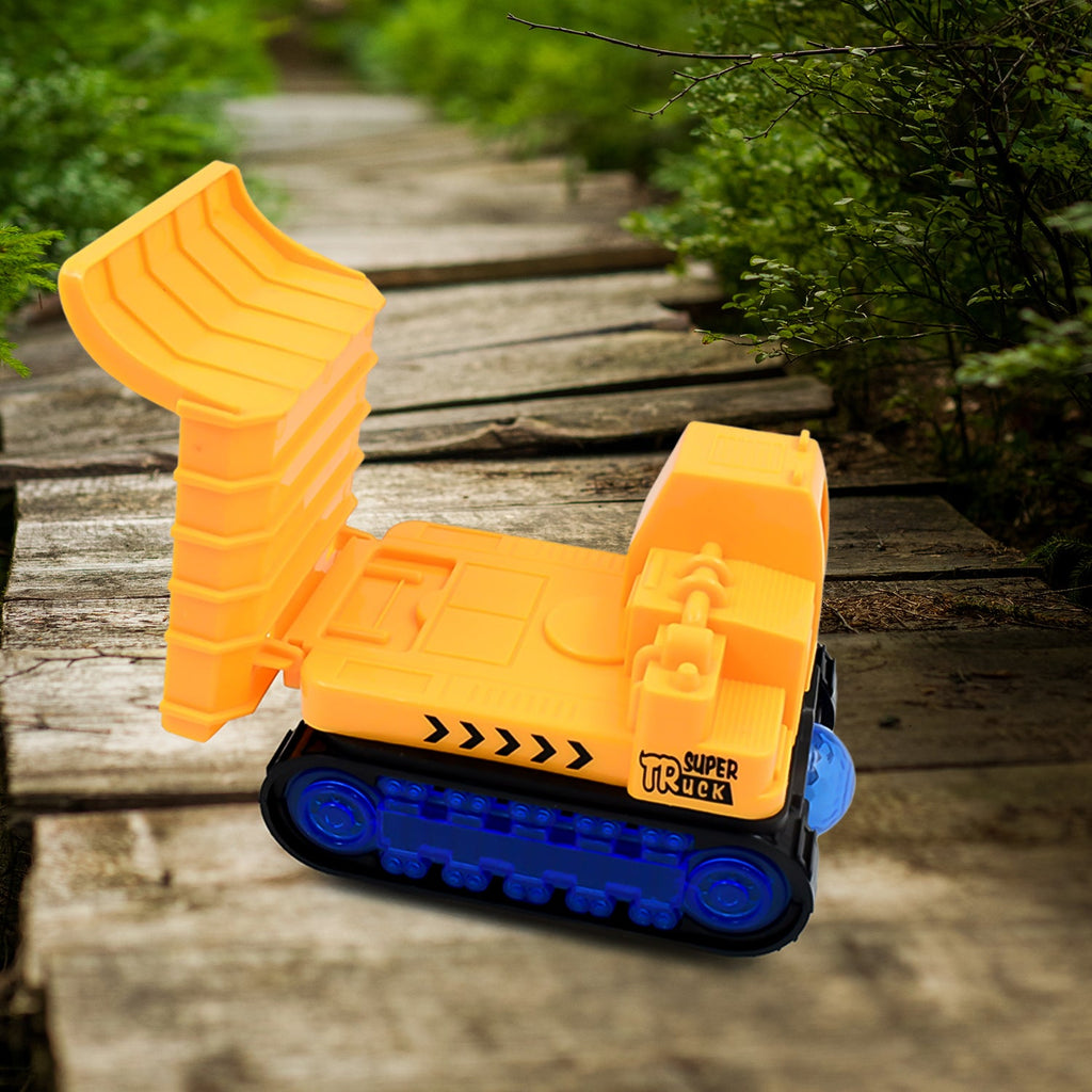 Rear view of the self-driving dump truck toy, ready for imaginative play.