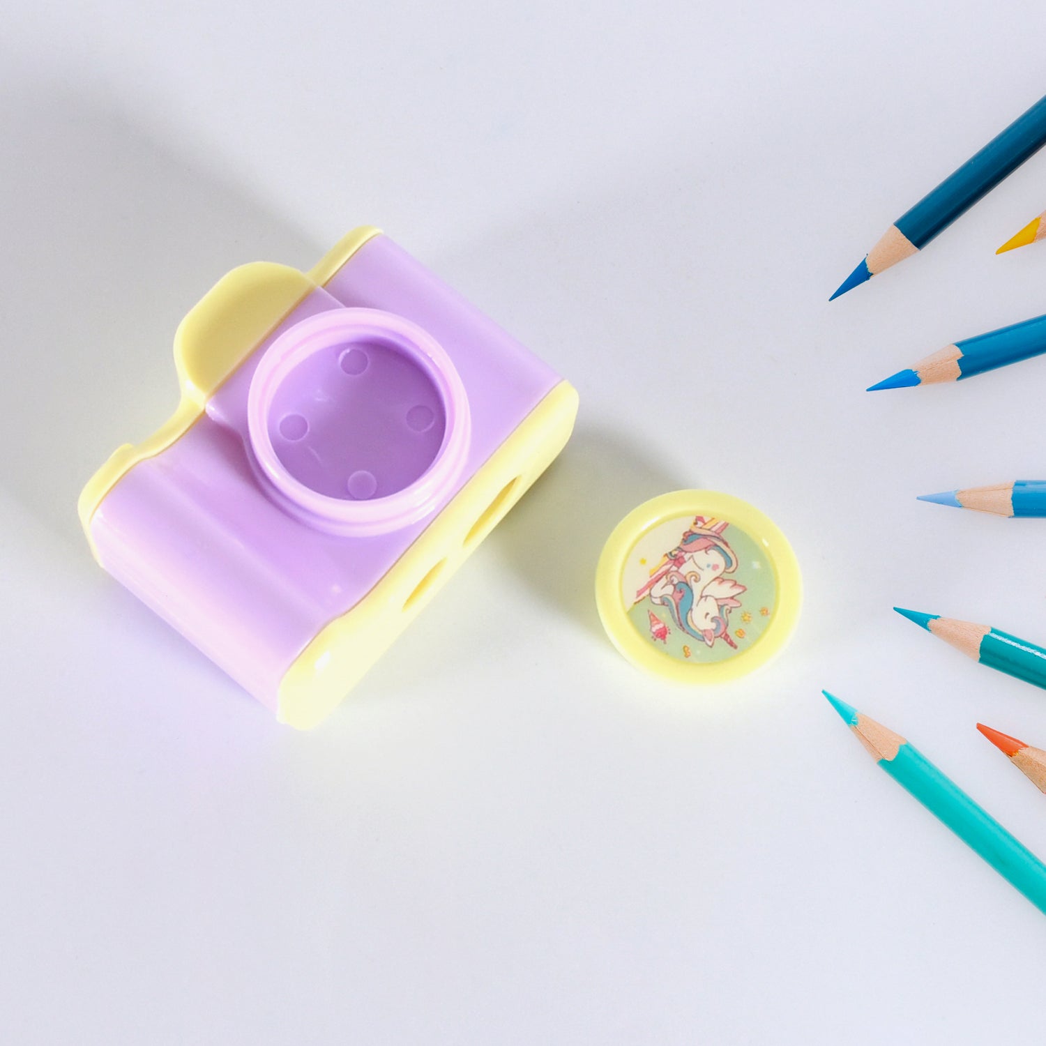 Detailed view of the novelty camera pencil sharpener from a slightly different angle.