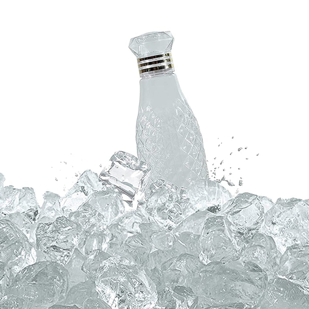 Ergonomic design of a single diamond cut water bottle, easy for kids to hold.