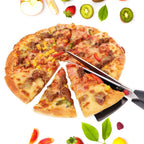 Close-up of the sharp blades of the stainless steel pizza cutter.