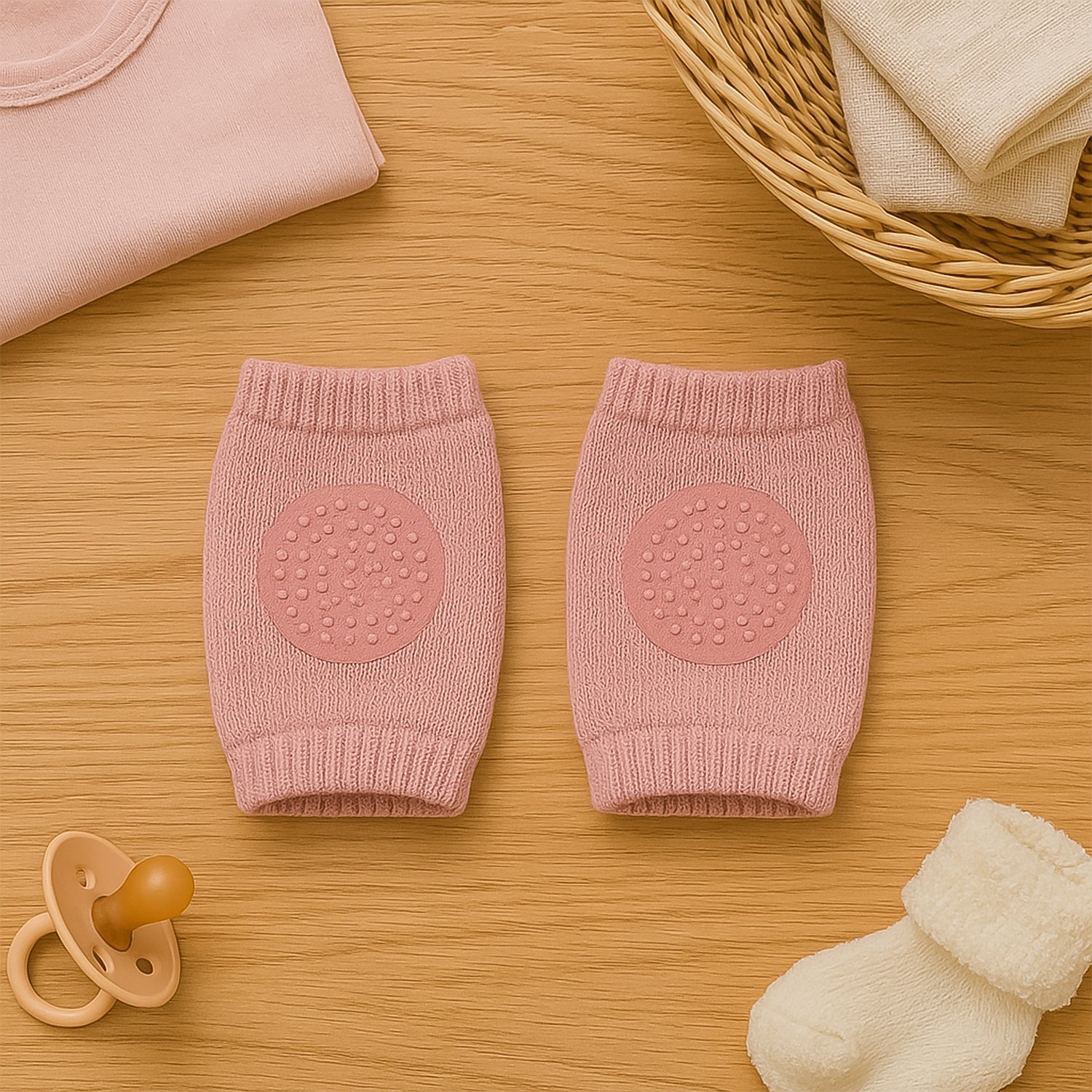 Soft pink wool knit leg warmers with knee protectors for toddlers