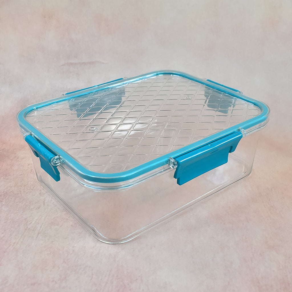 Close-up of airtight locking mechanism on plastic lunch box lid