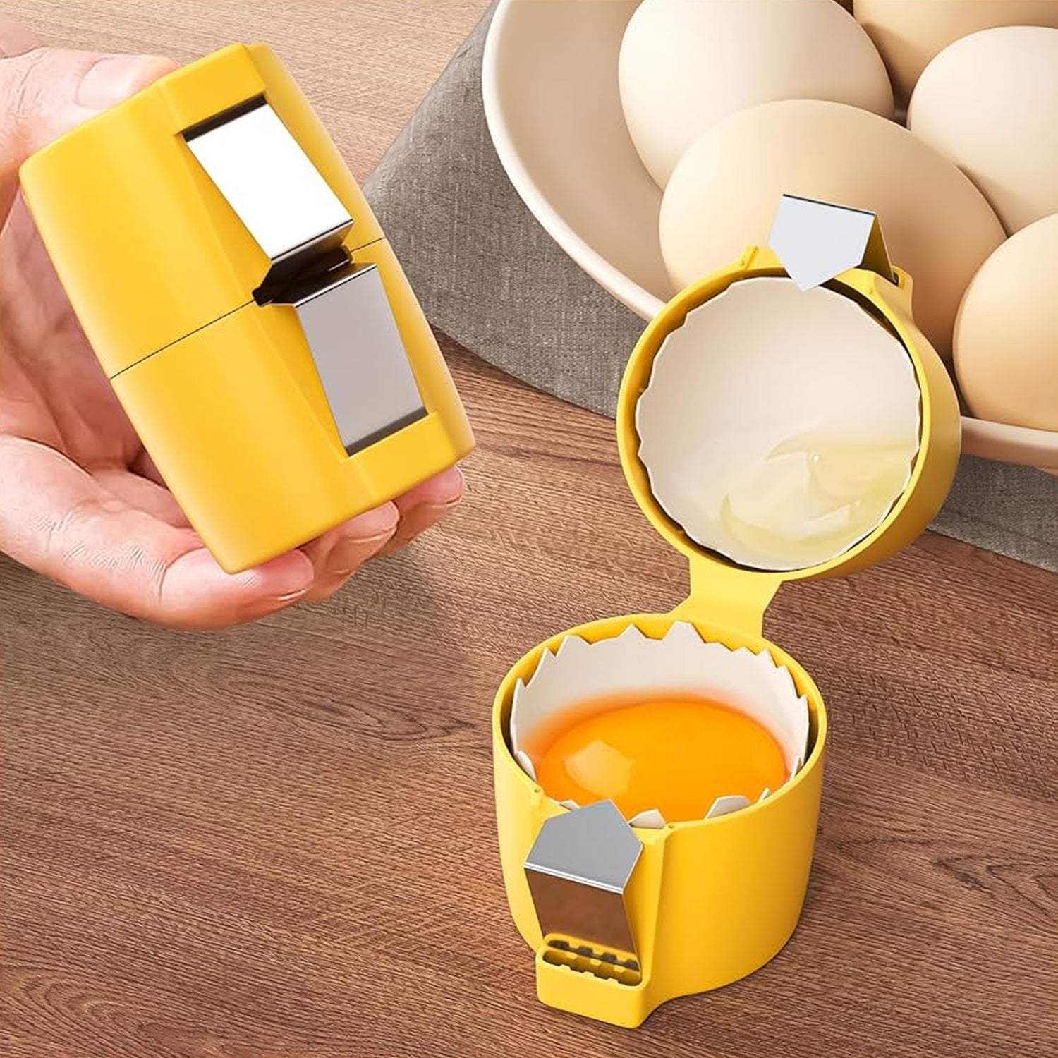 Handheld Egg Shell Opener in a modern kitchen setting, ready for use.