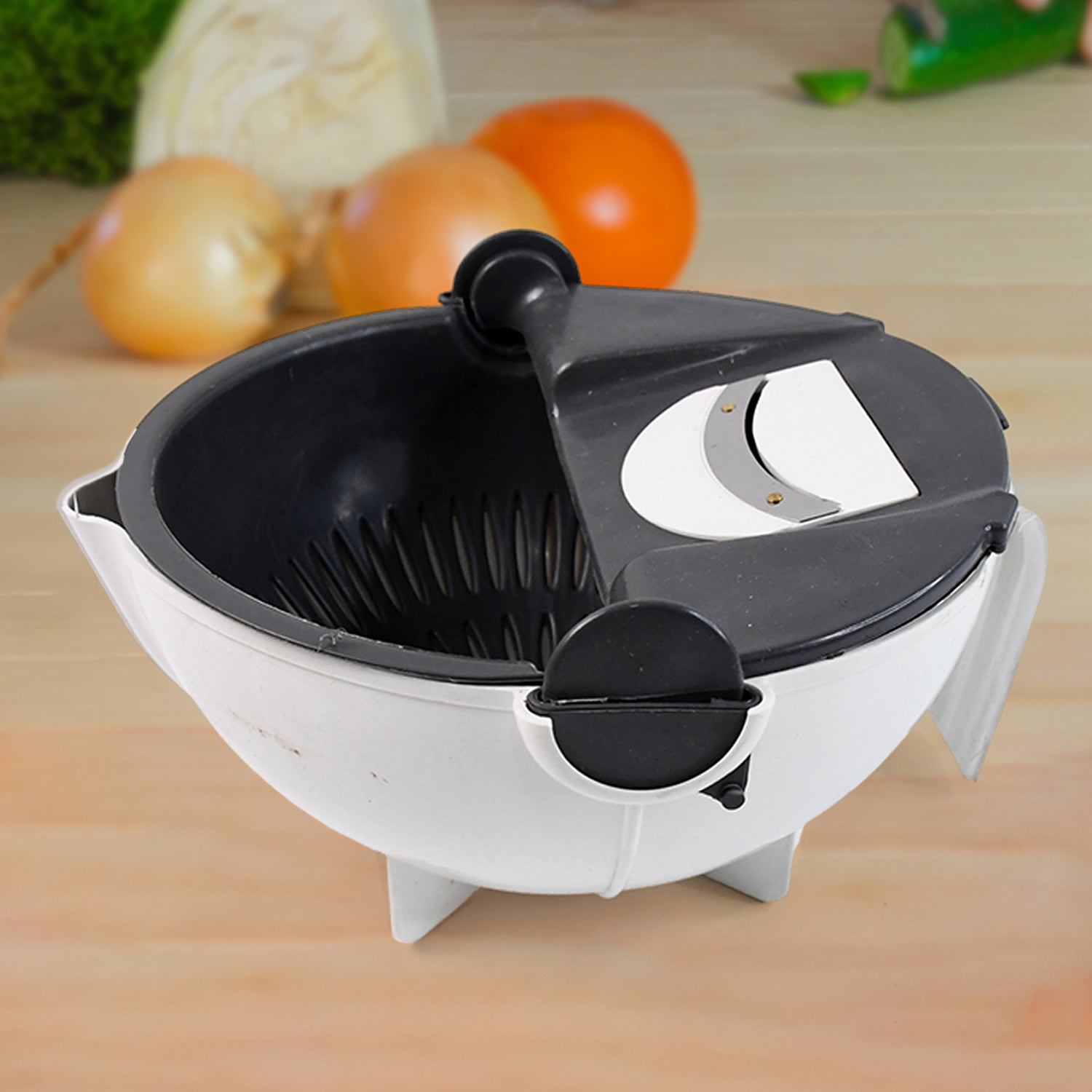 Fresh chopped vegetables collected in the colander basket of the 9-in-1 chopper