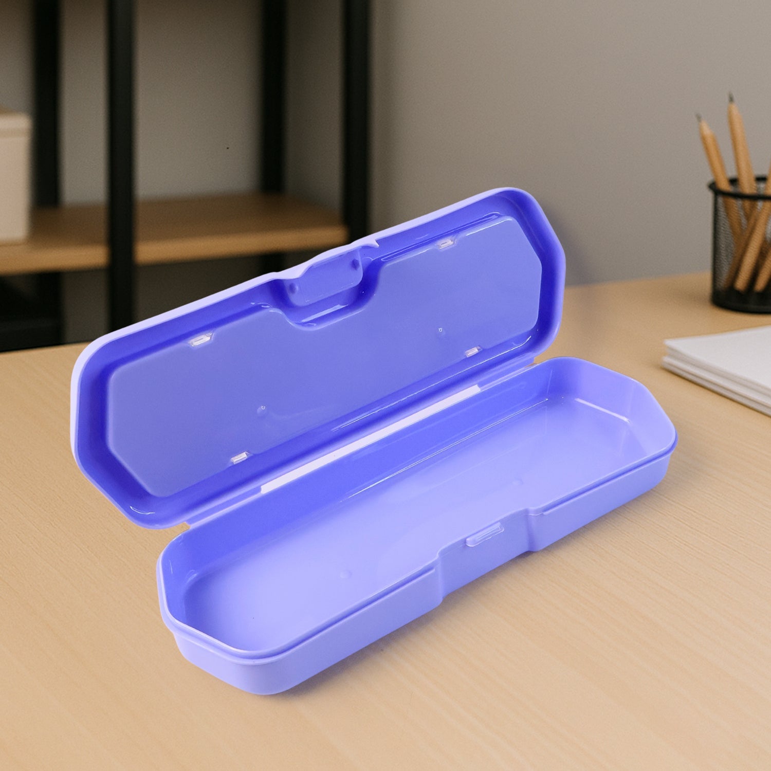 Side profile of compact and practical Kids Pencil Box with maze game.
