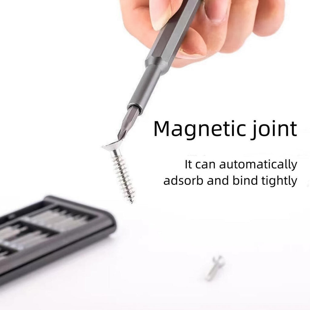 Assortment of 24 different precision screwdriver bits, showcasing the variety for various repair tasks.