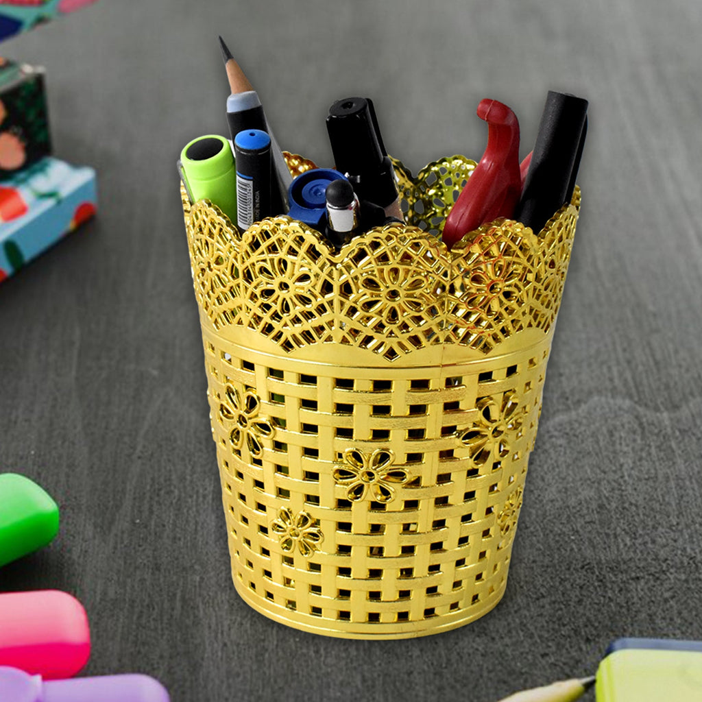 Durable metal pen holder on office desk organizing stationery