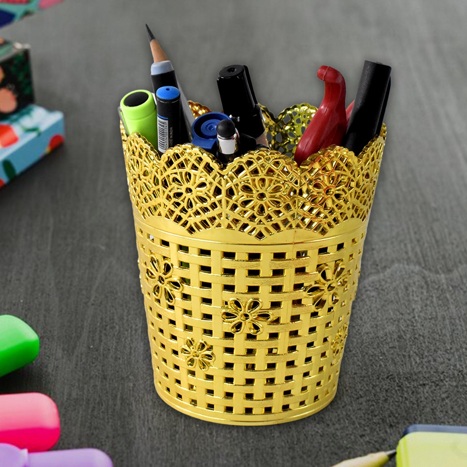 Durable metal pen holder on office desk organizing stationery